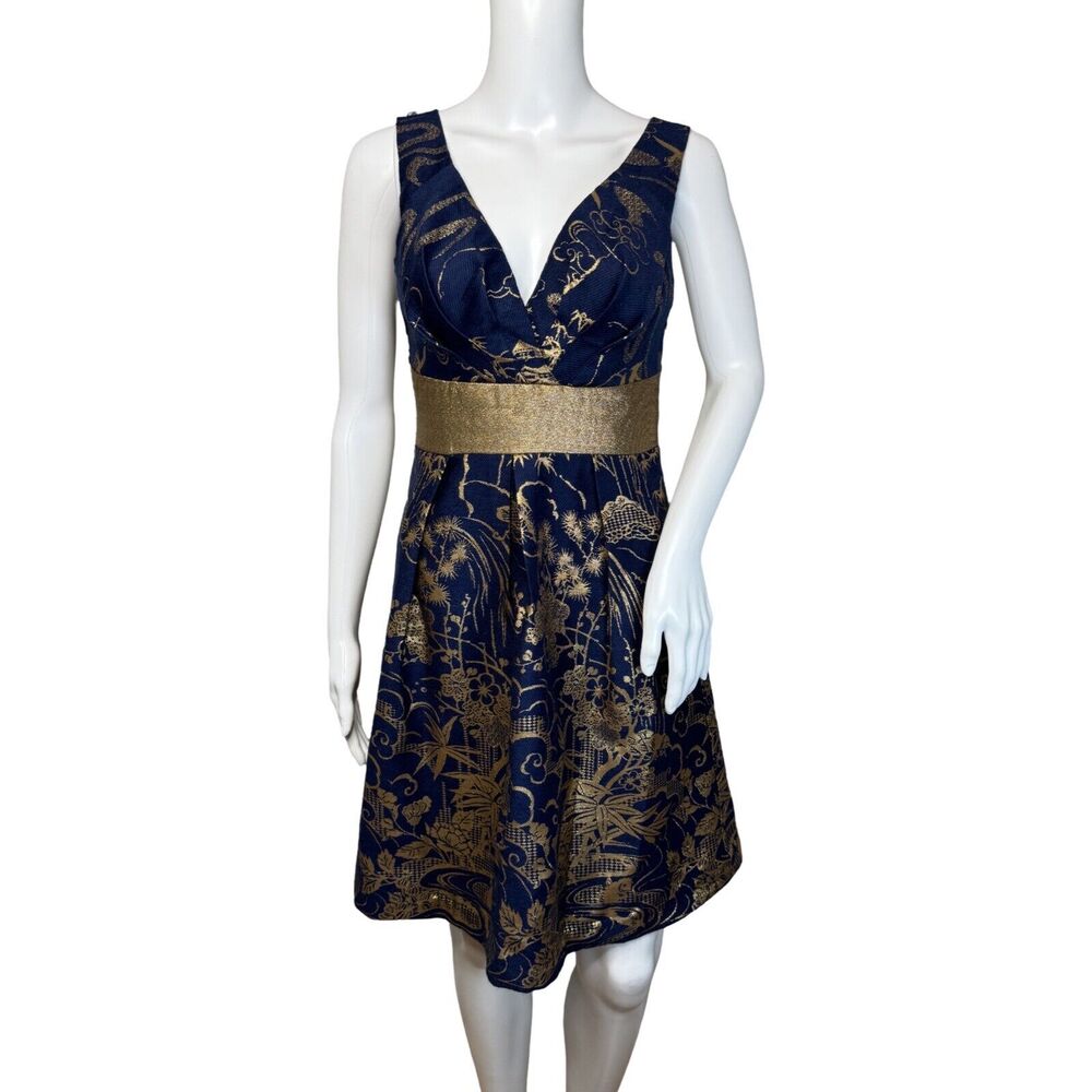 Anthropologie Eva Franco Dress Womens 2 Blue Gold Floral ShangriLa Kora Jacquard